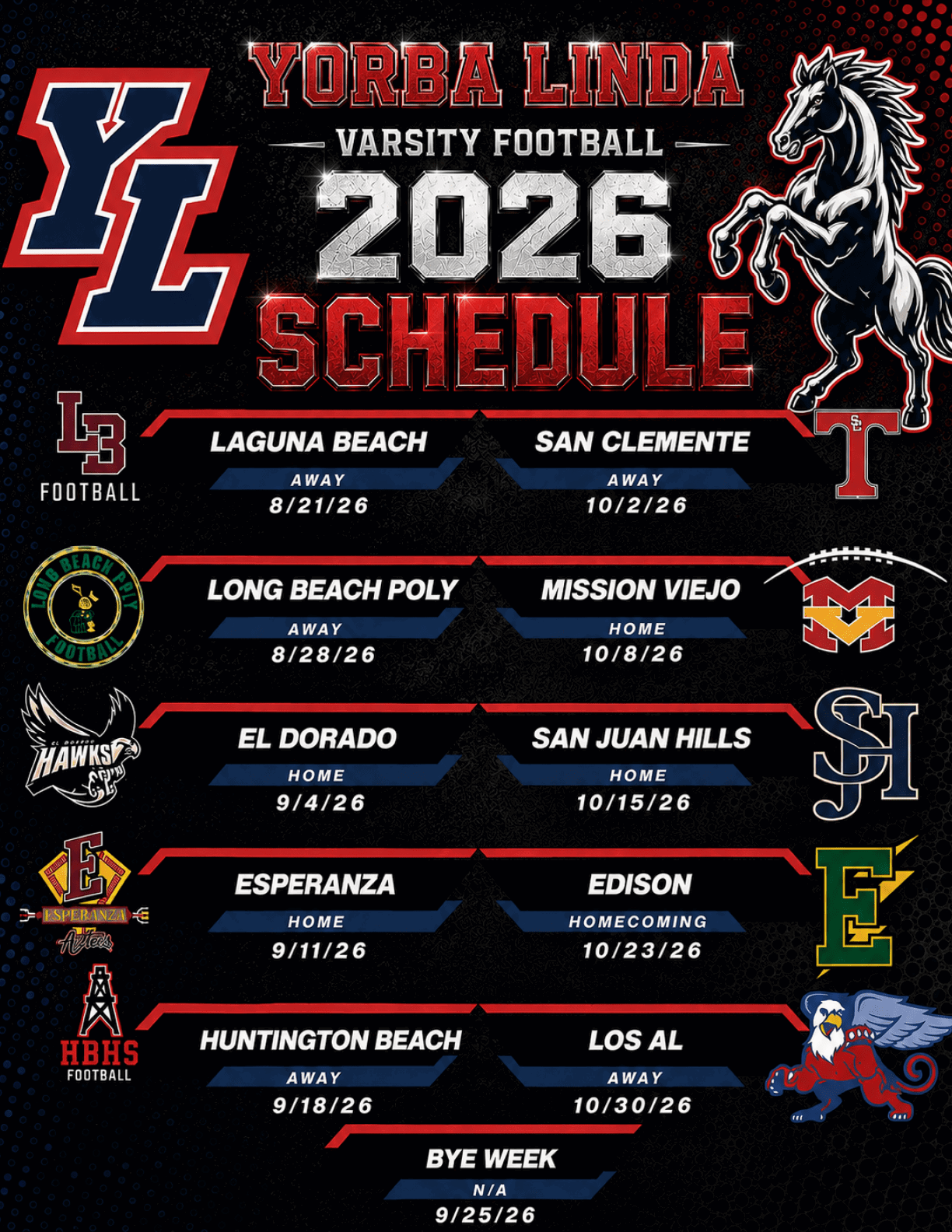 Yorba Linda Varsity Football 2026 schedule graphic features team logos, game dates, and home or away designations with a stylized mustang mascot on a black background. Description generated by AI