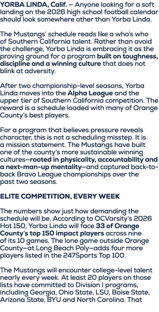 YORBA LINDA, Calif. — Anyone looking for a soft landing on the 2026 high school football calendar should look somewhe...