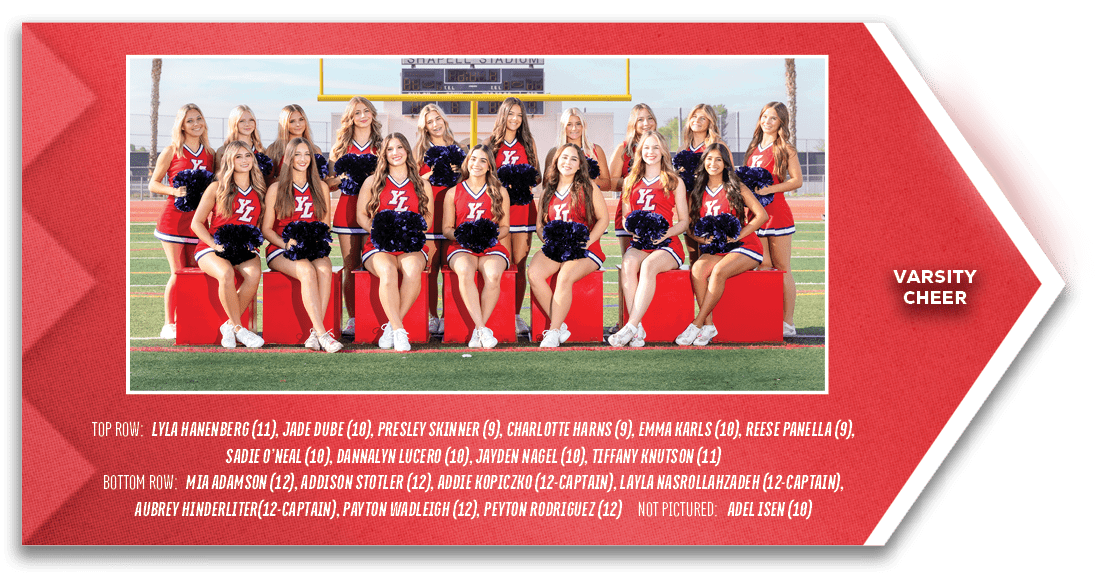 Varsity cheer,TOP ROW: Lyla Hanenberg (11), Jade Dube (10), Presley Skinner (9), Charlotte Harns (9), Emma Karls (10)...