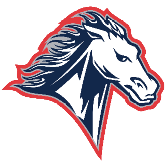 A stylized horse head logo with flowing mane outlined in red and navy blue accents. Description generated by AI