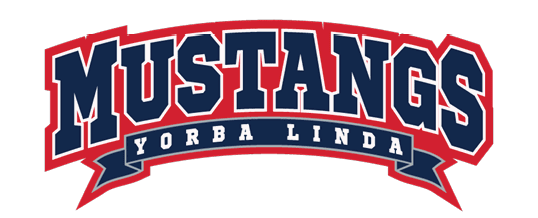 Mustangs Yorba Linda is written in bold navy blue letters with a red outline and a navy blue banner beneath the word Mustangs. Description generated by AI