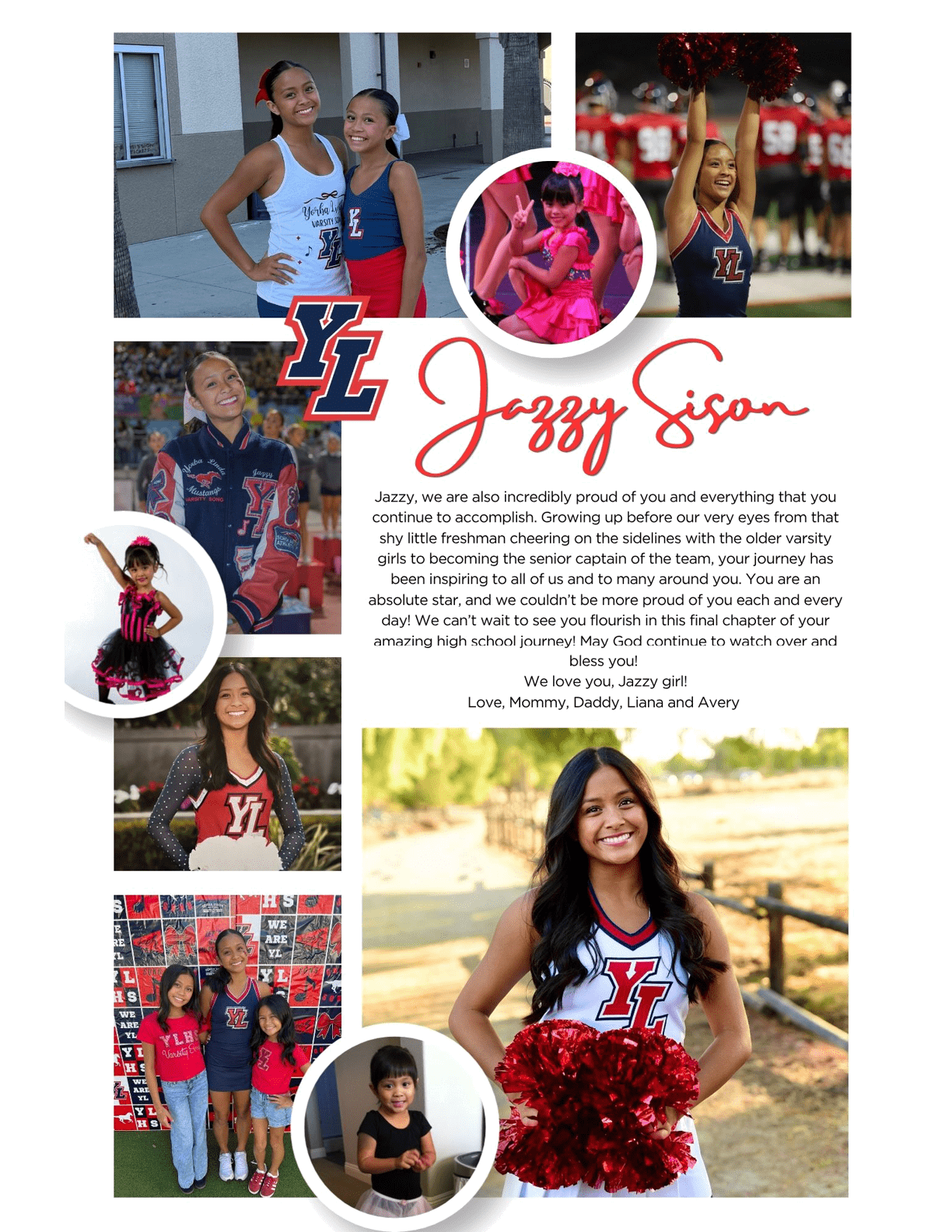 A collage of people in sports and cheerleading uniforms with a heartfelt message celebrating Jazzy Sison's achievements and journey in high school sports. Description generated by AI