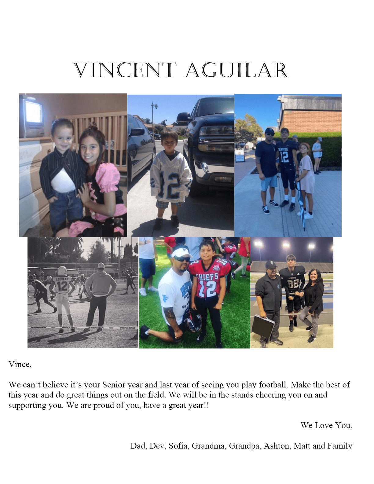 A collage of photos shows a child in various football-related settings including posing with people in football jerseys, playing on a field, and standing with family members, accompanied by a heartfelt message of encouragement and pride from family. Description generated by AI