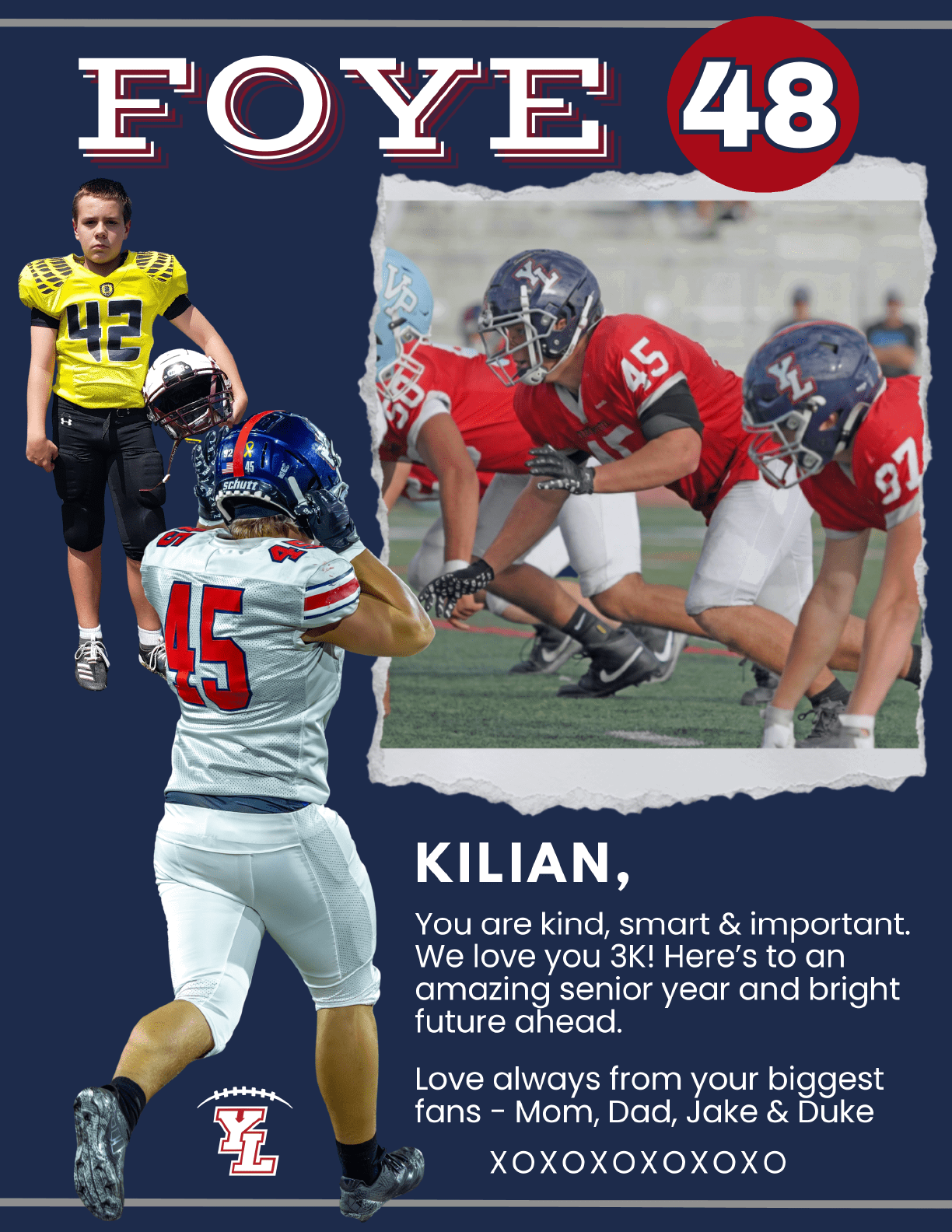 A collage of photos shows a child in various football-related settings including posing with people in football jerseys, playing on a field, and standing with family members, accompanied by a heartfelt message of encouragement and pride from family. Description generated by AI