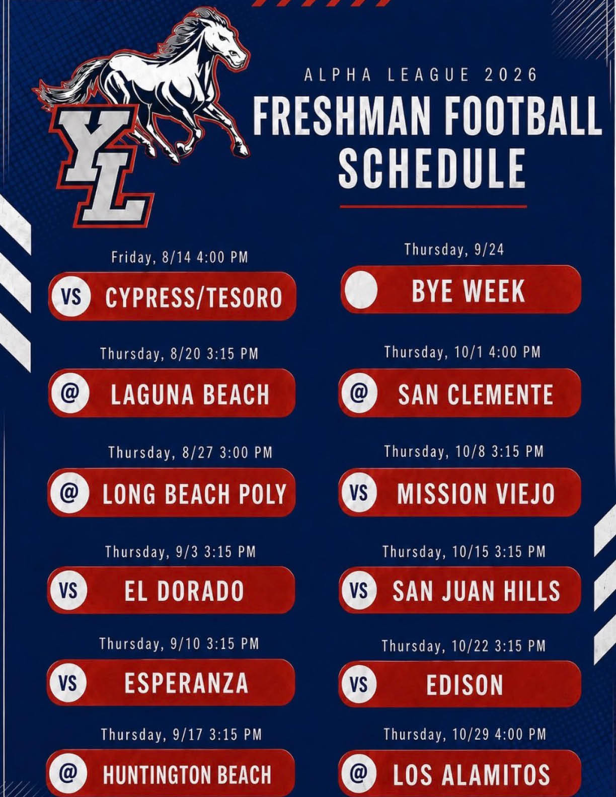 The Alpha League 2026 freshman football schedule features a navy blue background with a horse logo and lists game dates, opponents, and times including a bye week. Description generated by AI