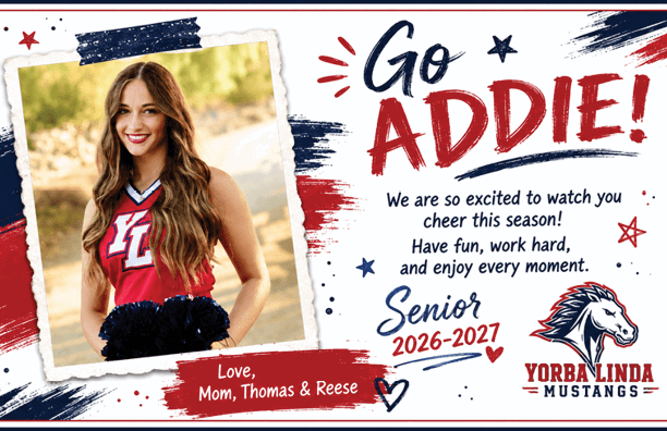 A person in a red cheerleading uniform with long hair smiles while holding blue pom-poms next to a colorful supportive message for a senior named Addie from the Yorba Linda Mustangs. Description generated by AI