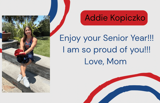 A person in a cheerleading outfit sits on outdoor steps holding red and blue pom-poms with a message expressing pride and encouragement for a senior year from a parent. Description generated by AI