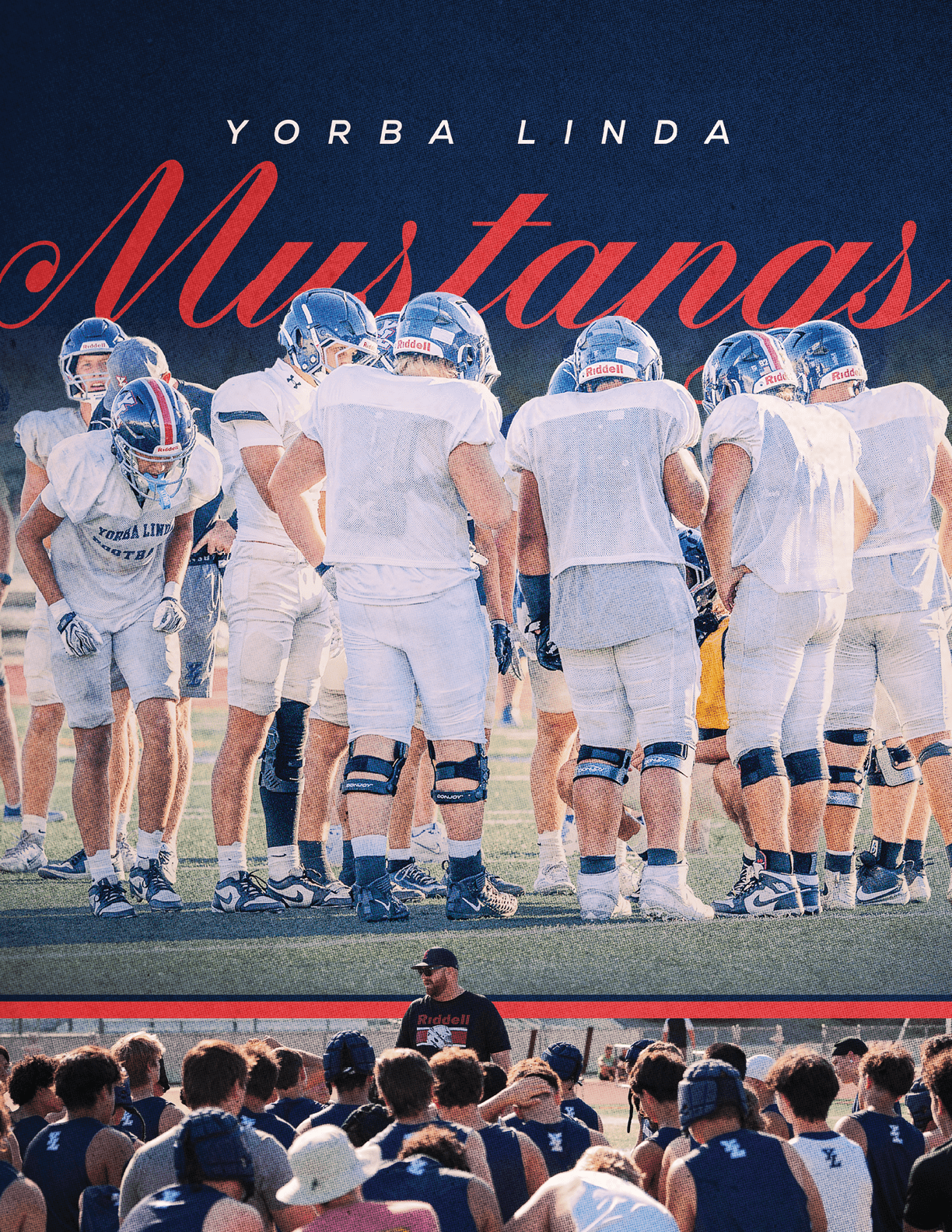 A group of people in football uniforms huddle on a field under the text “Yorba Linda Mustangs" while another group of people listens to a speaker in front of them. Description generated by AI