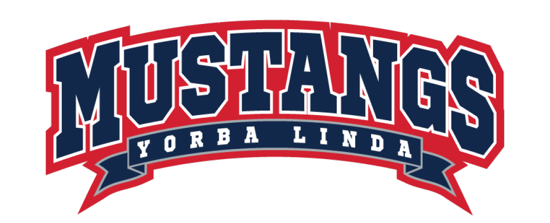 Mustangs Yorba Linda is written in bold navy blue letters with a red outline and a navy blue banner beneath the word Mustangs. Description generated by AI