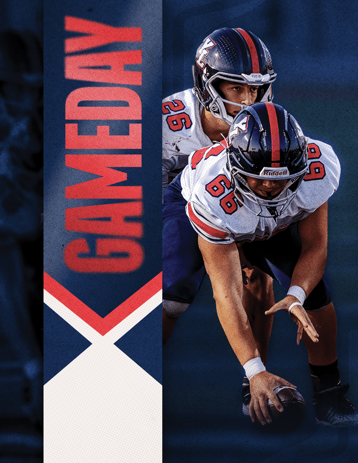 Two football players in white and blue uniforms with helmets are positioned on a field with one player holding the ball ready to snap and the other behind, with a vertical banner reading GAMEDAY in red letters on a blue and white background. Description generated by AI