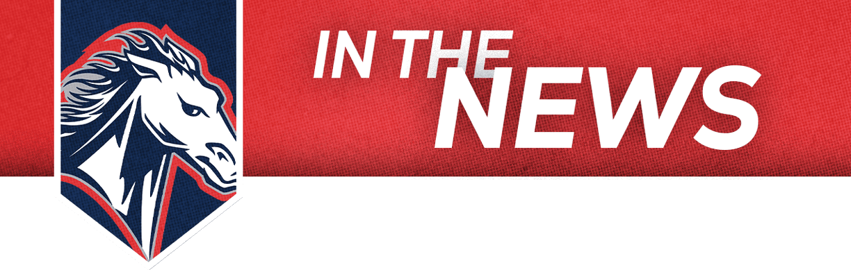 A stylized horse head logo is displayed next to bold white text reading “IN THE NEWS" on a red textured background. Description generated by AI