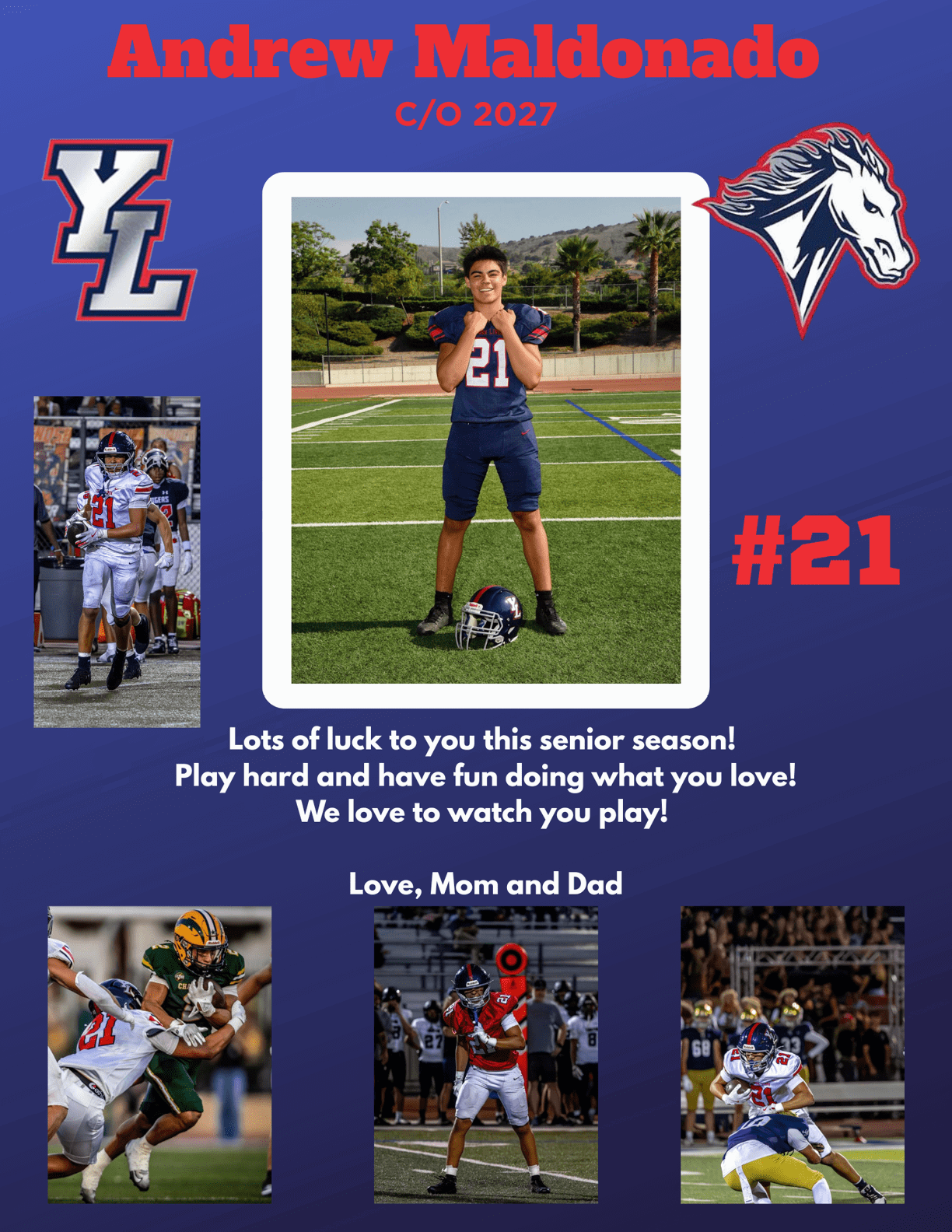 A senior sports poster features a person in a football uniform standing on a field with action shots of the same person playing football, accompanied by supportive text from their parents and team logos. Description generated by AI