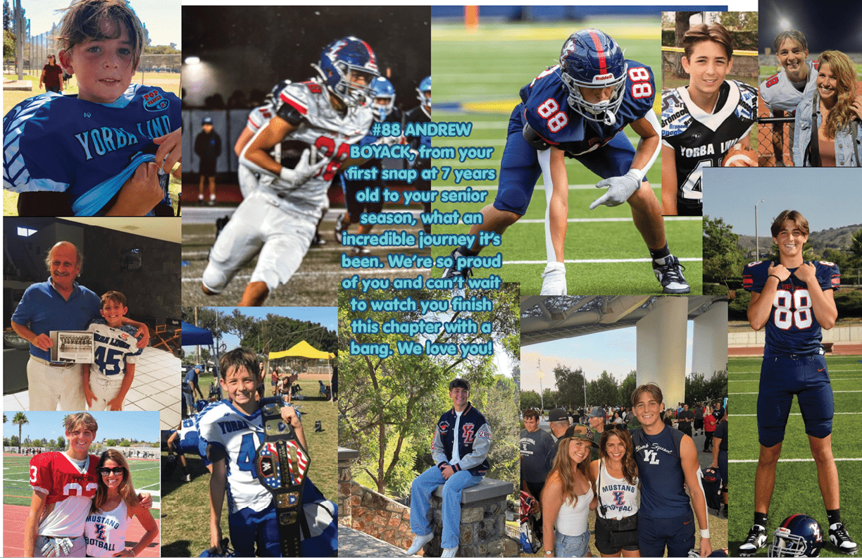 A collage of people in sports uniforms and casual clothing, including action shots of football players, group photos, and individuals holding trophies and awards, with a central text message expressing pride and encouragement. Description generated by AI