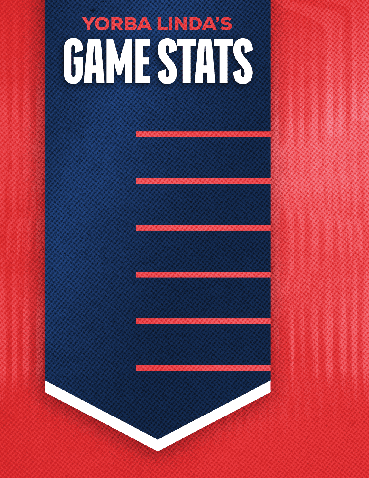 A navy blue banner with white and red text reading “Yorba Linda's Game Stats" on a red textured background. Description generated by AI