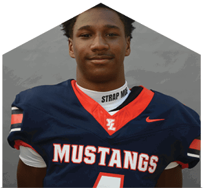 A person wearing a navy blue football jersey with “MUSTANGS" written on the front and a white neck guard stands against a plain gray background. Description generated by AI