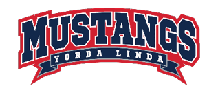 Mustangs Yorba Linda is written in bold navy blue letters with a red outline and a navy blue banner beneath the word Mustangs. Description generated by AI