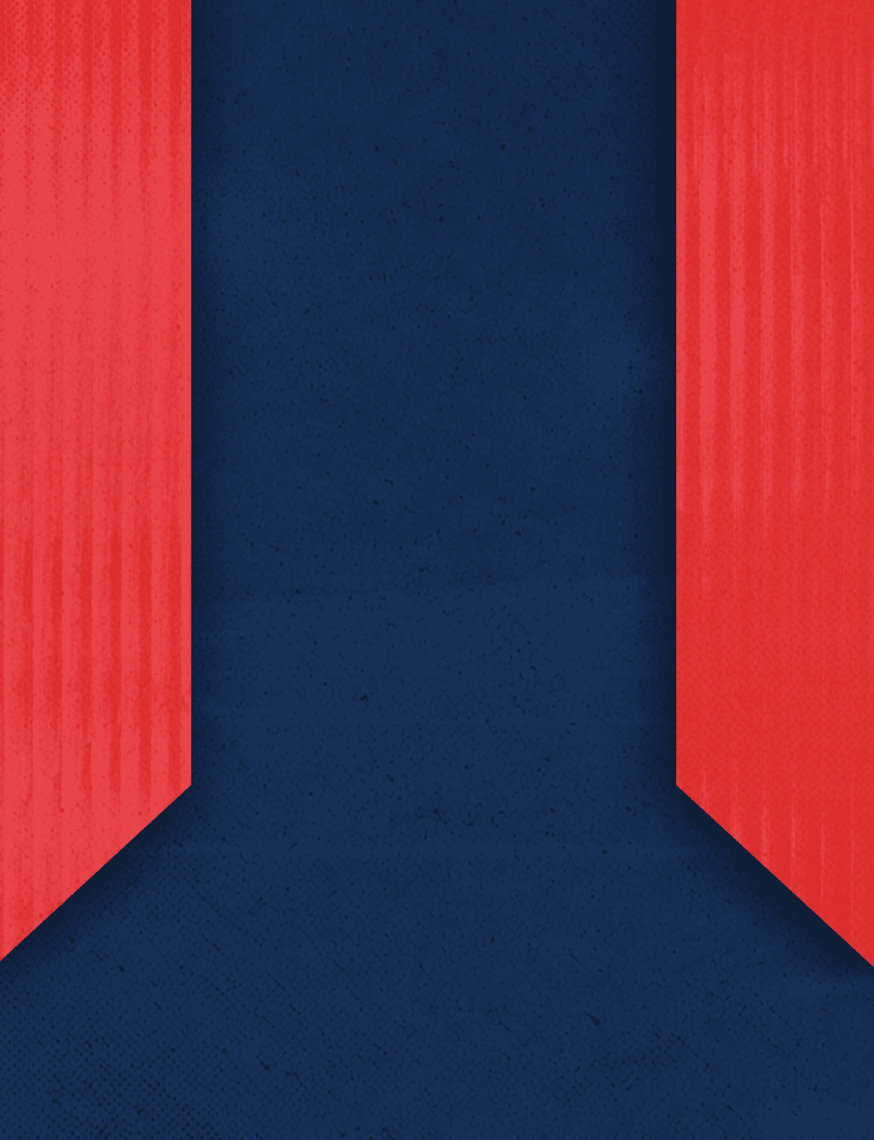 A geometric design featuring a dark blue central shape bordered by two vertical red panels with subtle texture. Description generated by AI