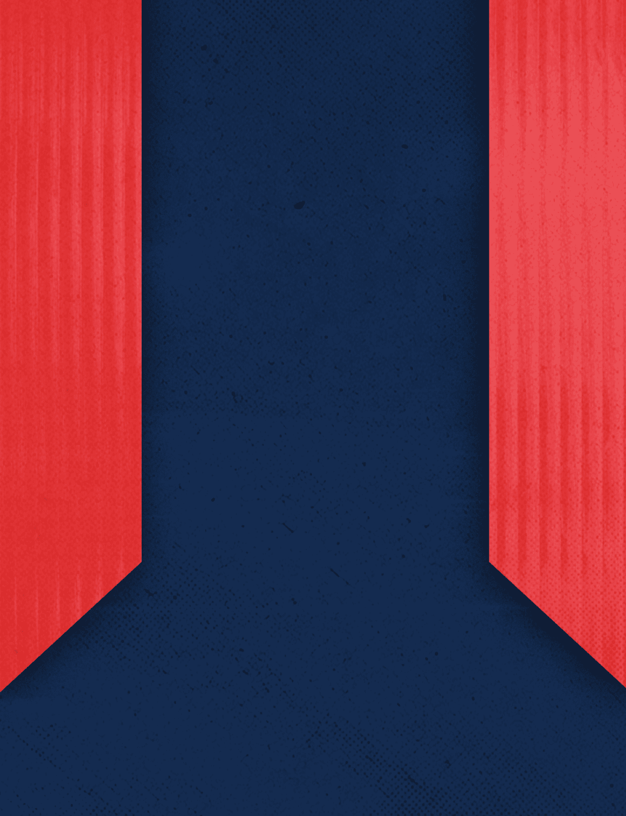 A geometric design featuring a dark blue central vertical shape flanked by two red textured panels with angled edges. Description generated by AI
