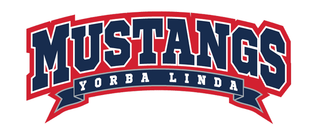 Mustangs Yorba Linda is written in bold navy blue letters with a red outline and a navy blue banner beneath the word Mustangs. Description generated by AI
