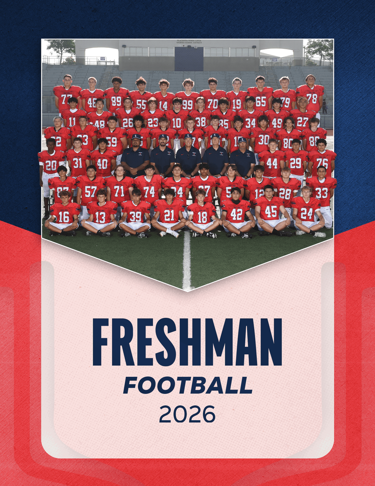 A group of people wearing football uniforms is seated in bleachers above a graphic that says Varsity Football 2026. Description generated by AI