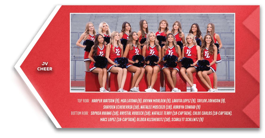 jv cheer,TOP ROW: Harper Watson (9), Mia Latona (9), Brynn Moulden (9), Lakota Lopez (9), Taylor Johnson (9), Shayden...