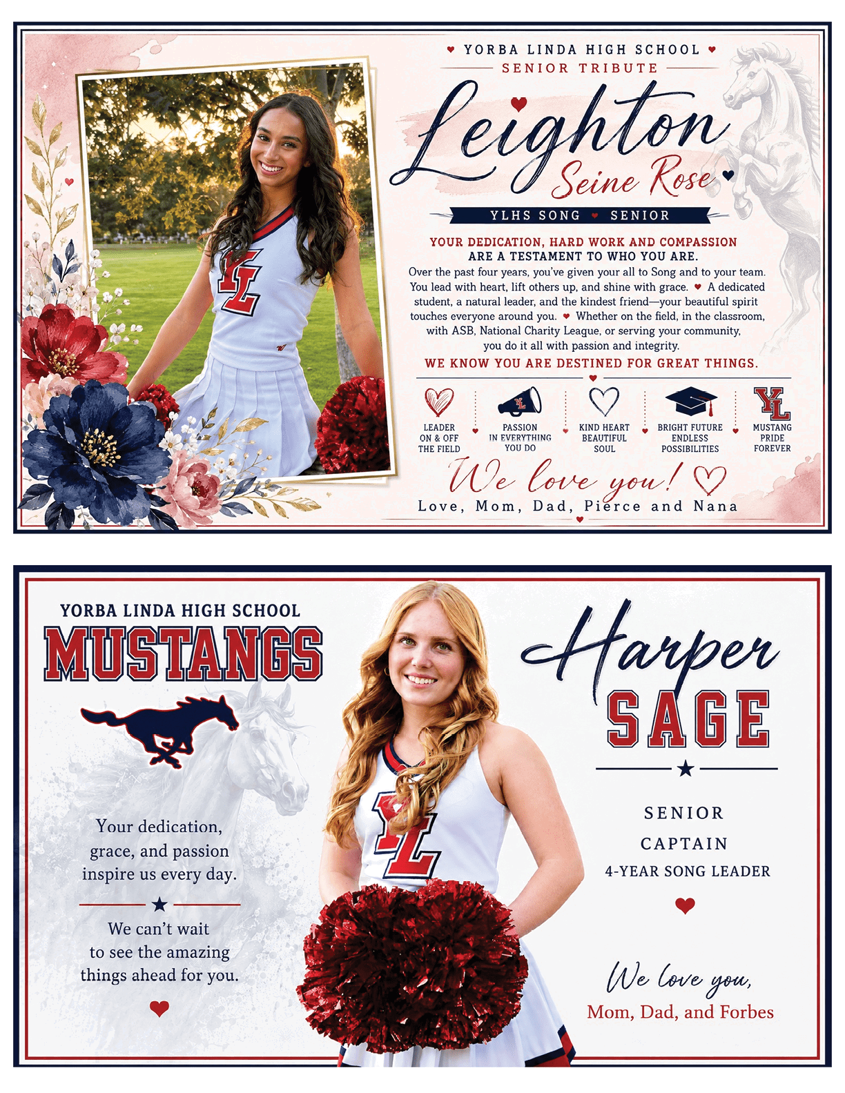 Two adults wearing cheerleading uniforms pose with pom-poms alongside personalized senior tribute and school spirit graphics for Yorba Linda High School Mustangs. Description generated by AI