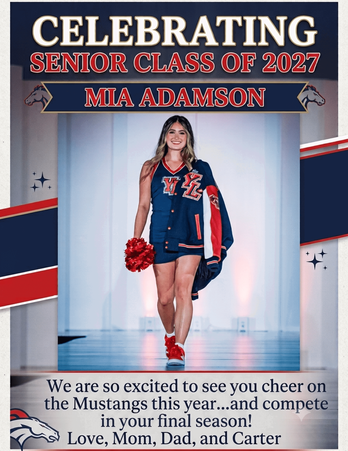 A person wearing a cheerleading outfit and holding pom-poms is walking confidently on a stage with text celebrating the senior class of 2027 and expressing excitement for cheering on the Mustangs. Description generated by AI