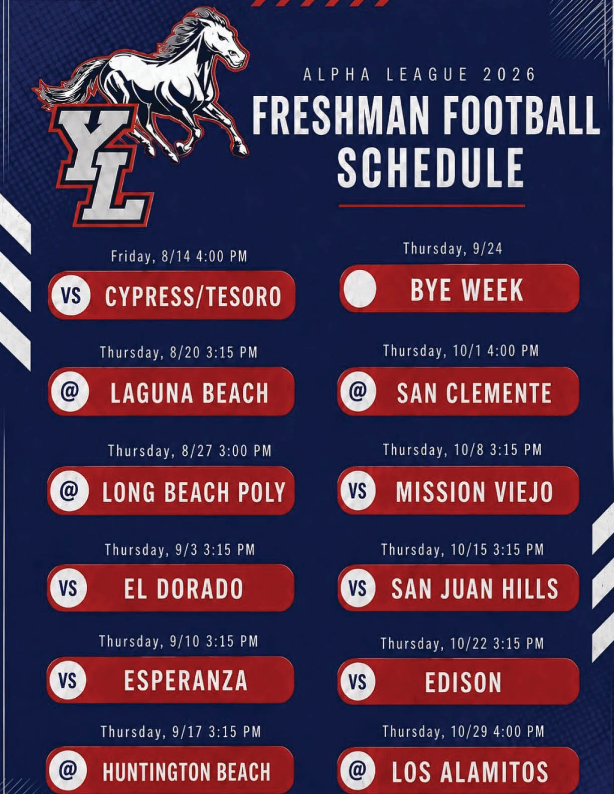 The Alpha League 2026 freshman football schedule features a navy blue background with a horse logo and lists game dates, opponents, and times including a bye week. Description generated by AI