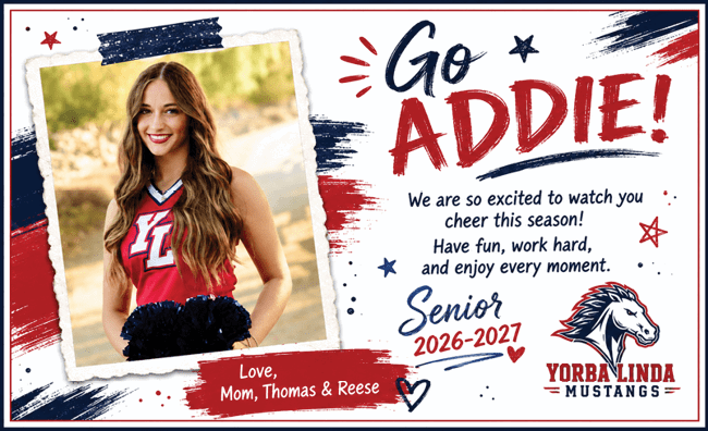 A person in a red cheerleading uniform with long hair smiles while holding blue pom-poms next to a colorful supportive message for a senior named Addie from the Yorba Linda Mustangs. Description generated by AI