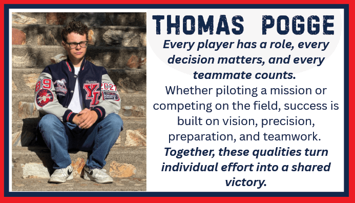 A person wearing glasses, a varsity jacket, jeans, and sneakers is sitting on stone steps next to text emphasizing the importance of teamwork, vision, precision, and preparation for success. Description generated by AI