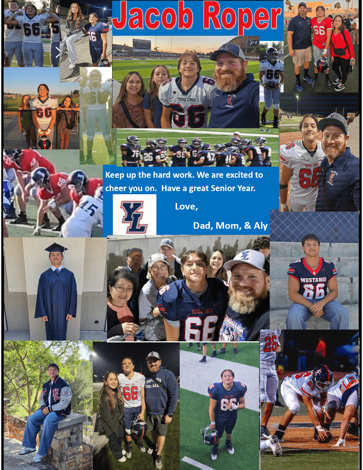 A sports tribute collage features a person in a football uniform kneeling on a field, a smaller action shot of the same person playing football, a family photo, and text celebrating Dayne Dalmas as an offensive player for the Yorba Linda Mustangs. Description generated by AI