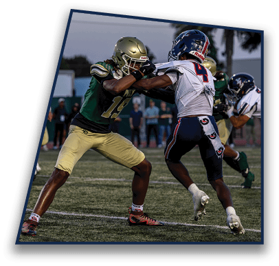 Two people in football uniforms are engaged in a blocking stance on a field during a game. Description generated by AI