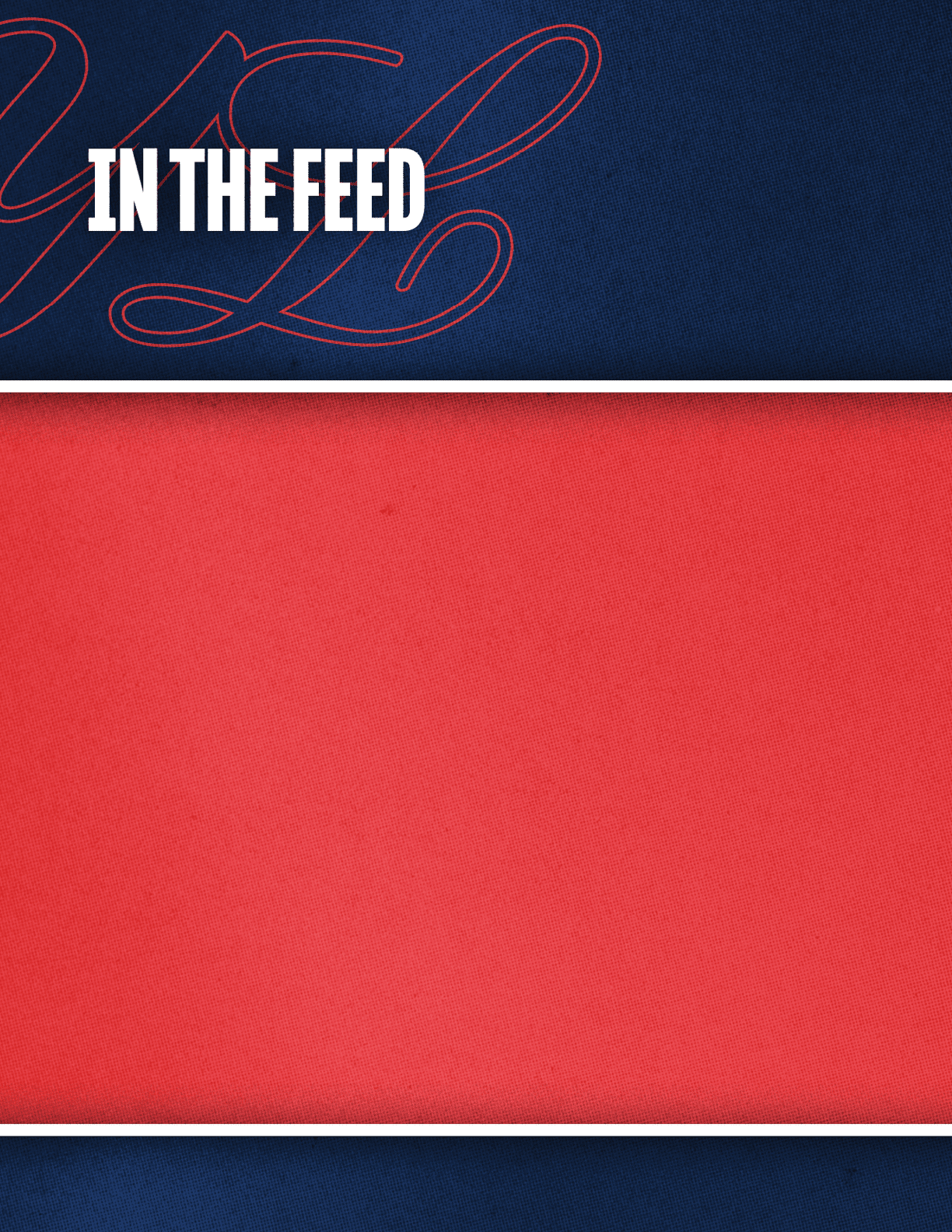 The image features the text “IN THE FEED" in bold white letters on a dark blue textured background with red cursive lines. Description generated by AI