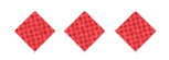 Three red diamond shapes with a textured pattern are evenly spaced on a white background. Description generated by AI