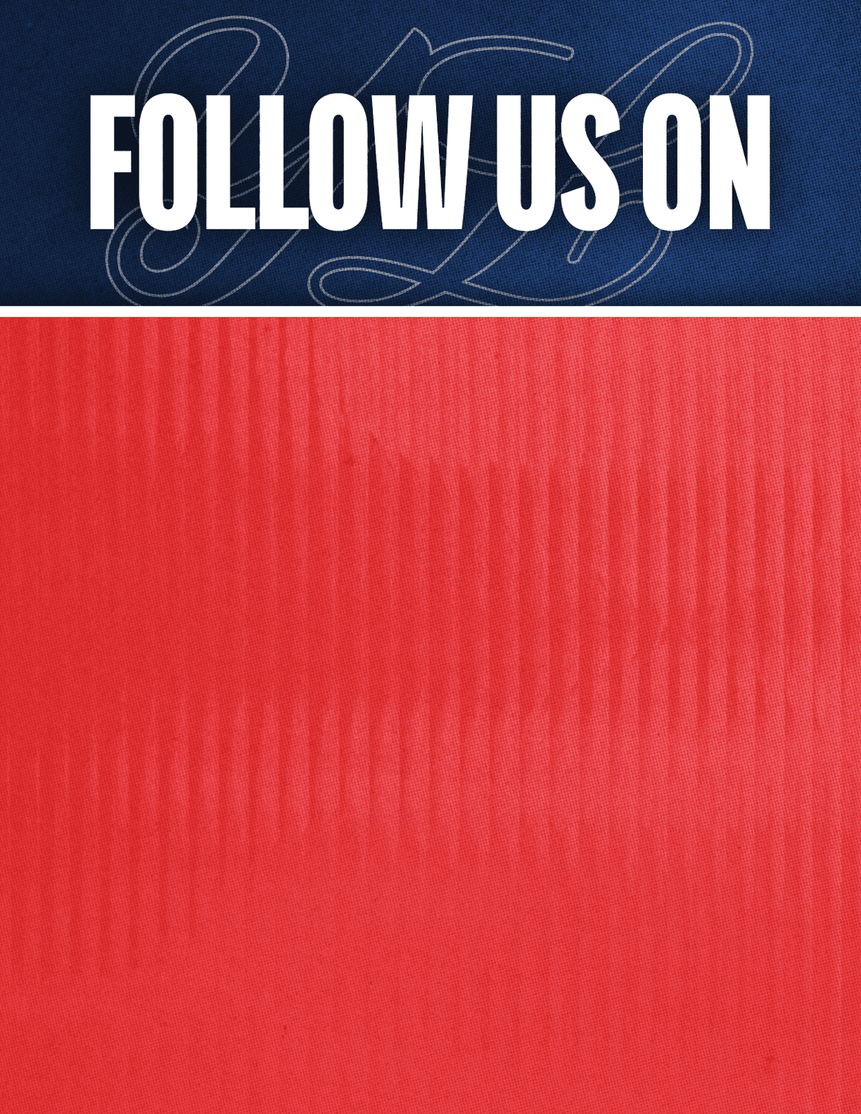 Follow us on social media text is displayed in bold white letters on a blue and red background. Description generated by AI