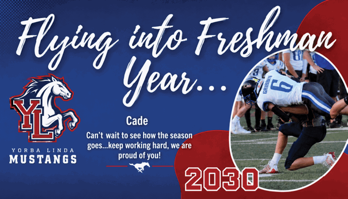 A person in a red cheerleading uniform with long hair smiles while holding blue pom-poms next to a colorful supportive message for a senior named Addie from the Yorba Linda Mustangs. Description generated by AI