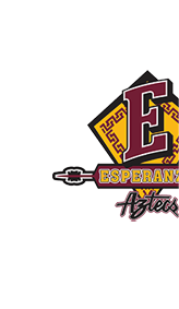 A stylized logo featuring a large maroon letter E over a yellow diamond background with a decorative border, a horizontal arrow running through the word Esperanza in yellow letters on a maroon banner, and the word Aztecs written below in a script font. Description generated by AI