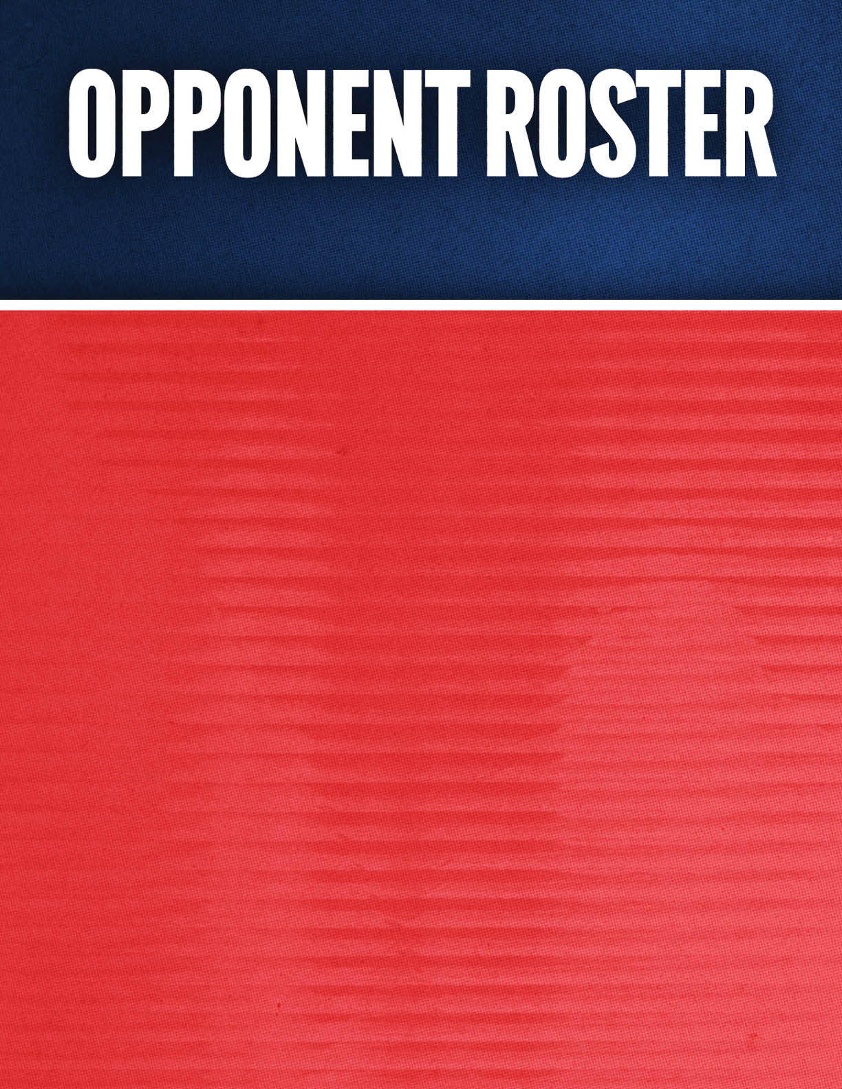 Opponent roster is displayed in bold white text on a blue background above a red textured area. Description generated by AI