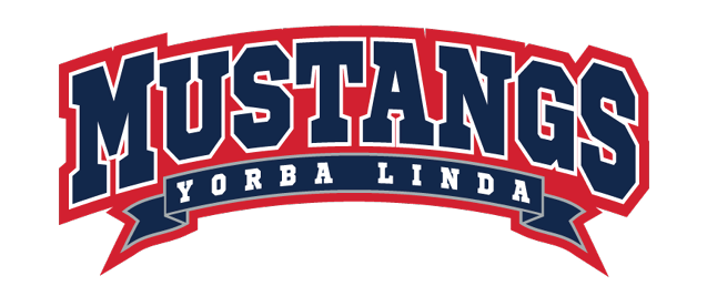 Mustangs Yorba Linda is written in bold navy blue letters with a red outline and a navy blue banner beneath the word Mustangs. Description generated by AI