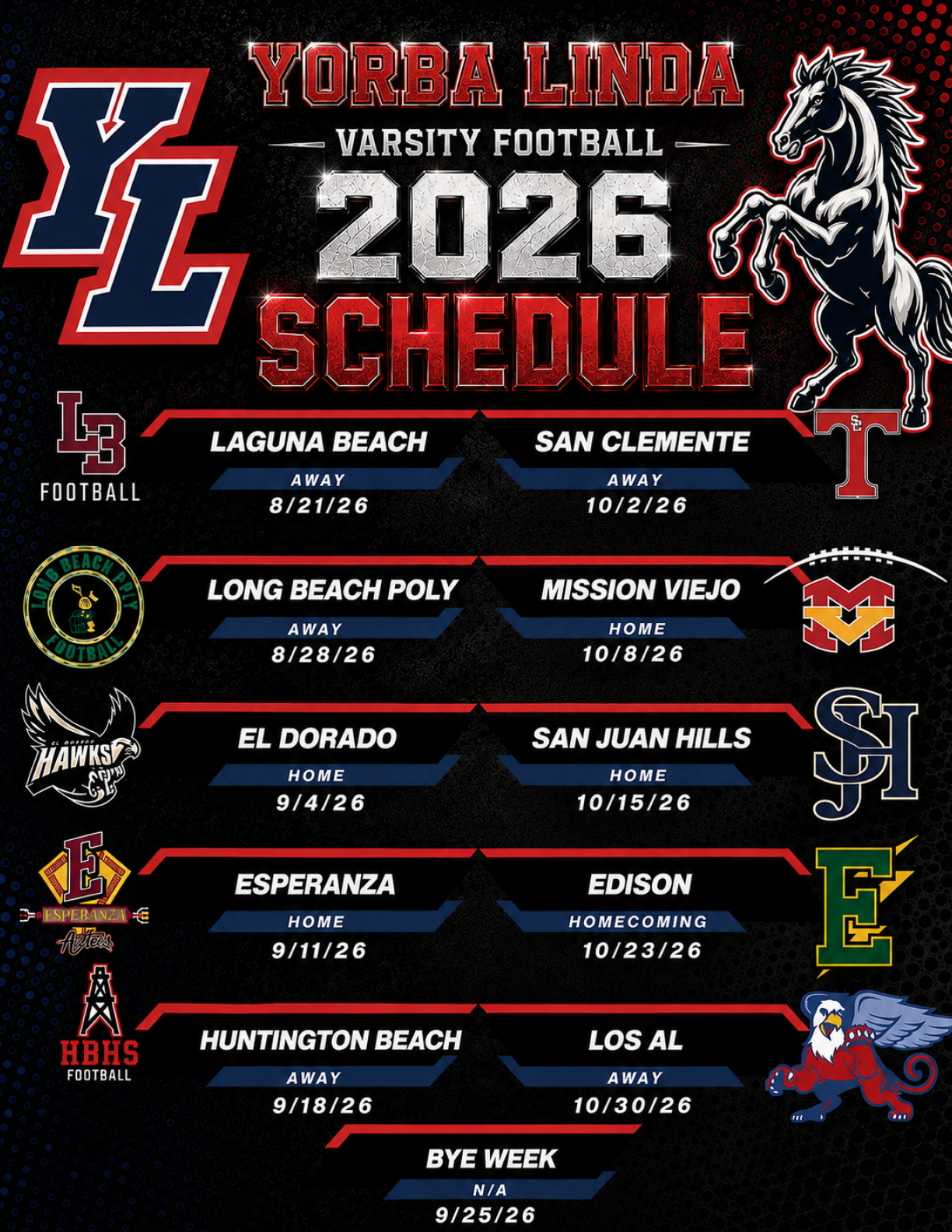 Yorba Linda Varsity Football 2026 schedule graphic features team logos, game dates, and home or away designations with a stylized mustang mascot on a black background. Description generated by AI