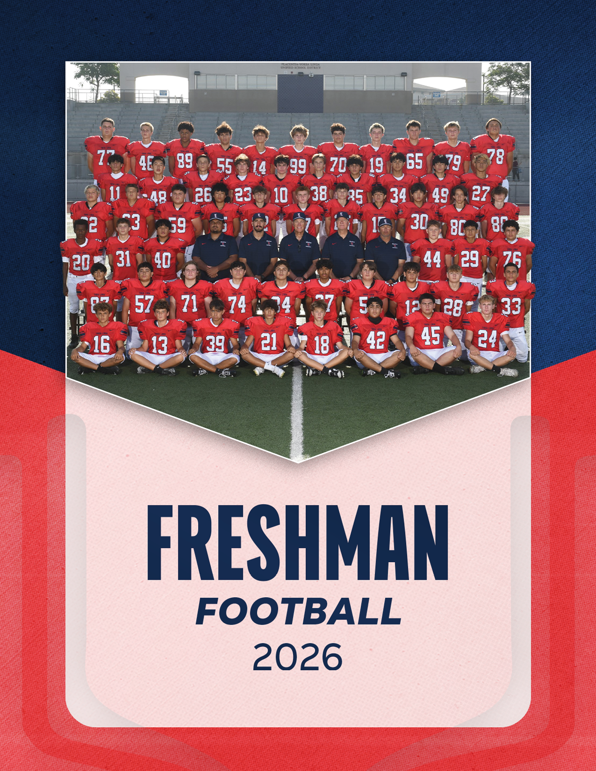A group of people wearing football uniforms is seated in bleachers above a graphic that says Varsity Football 2026. Description generated by AI