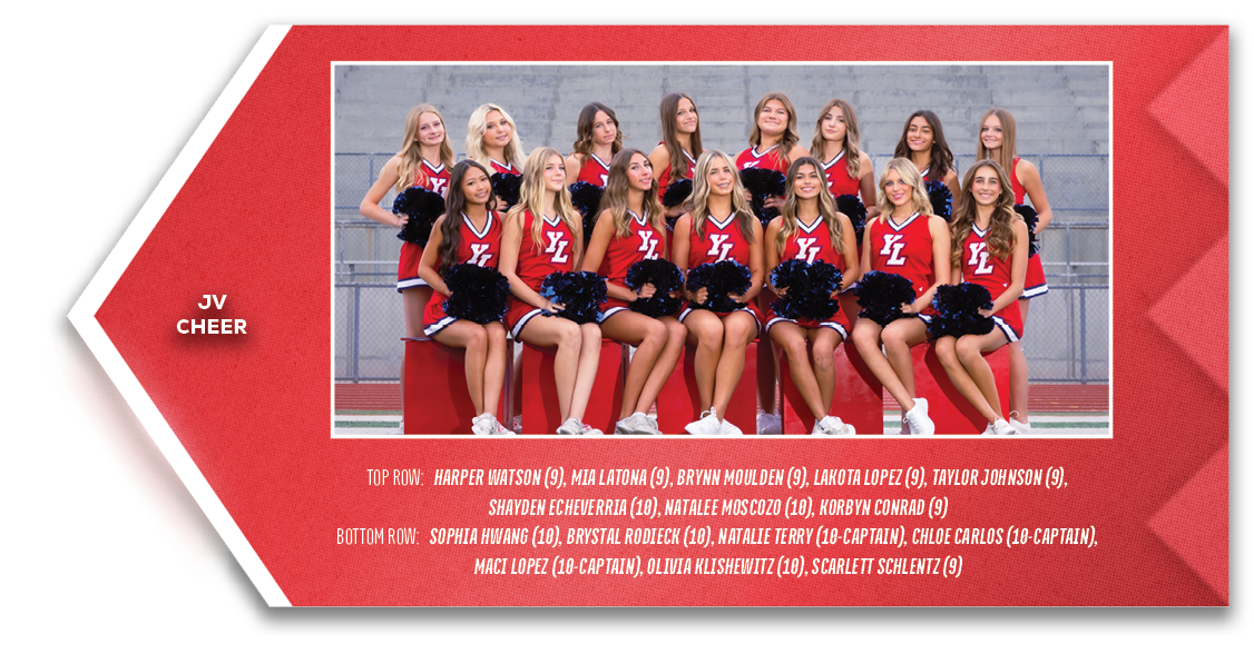 jv cheer,TOP ROW: Harper Watson (9), Mia Latona (9), Brynn Moulden (9), Lakota Lopez (9), Taylor Johnson (9), Shayden...