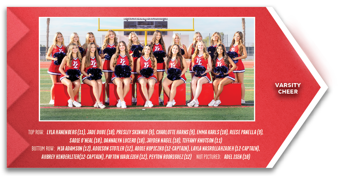 Varsity cheer,TOP ROW: Lyla Hanenberg (11), Jade Dube (10), Presley Skinner (9), Charlotte Harns (9), Emma Karls (10)...