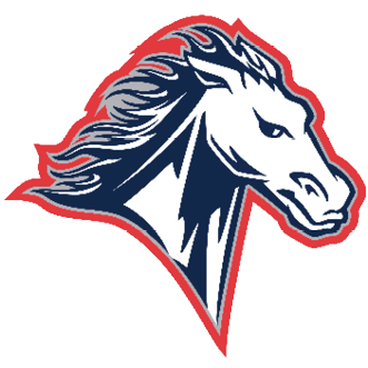 A stylized horse head logo with flowing mane outlined in red and navy blue accents. Description generated by AI