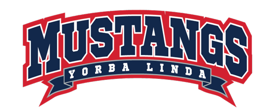 Mustangs Yorba Linda is written in bold navy blue letters with a red outline and a navy blue banner beneath the word Mustangs. Description generated by AI