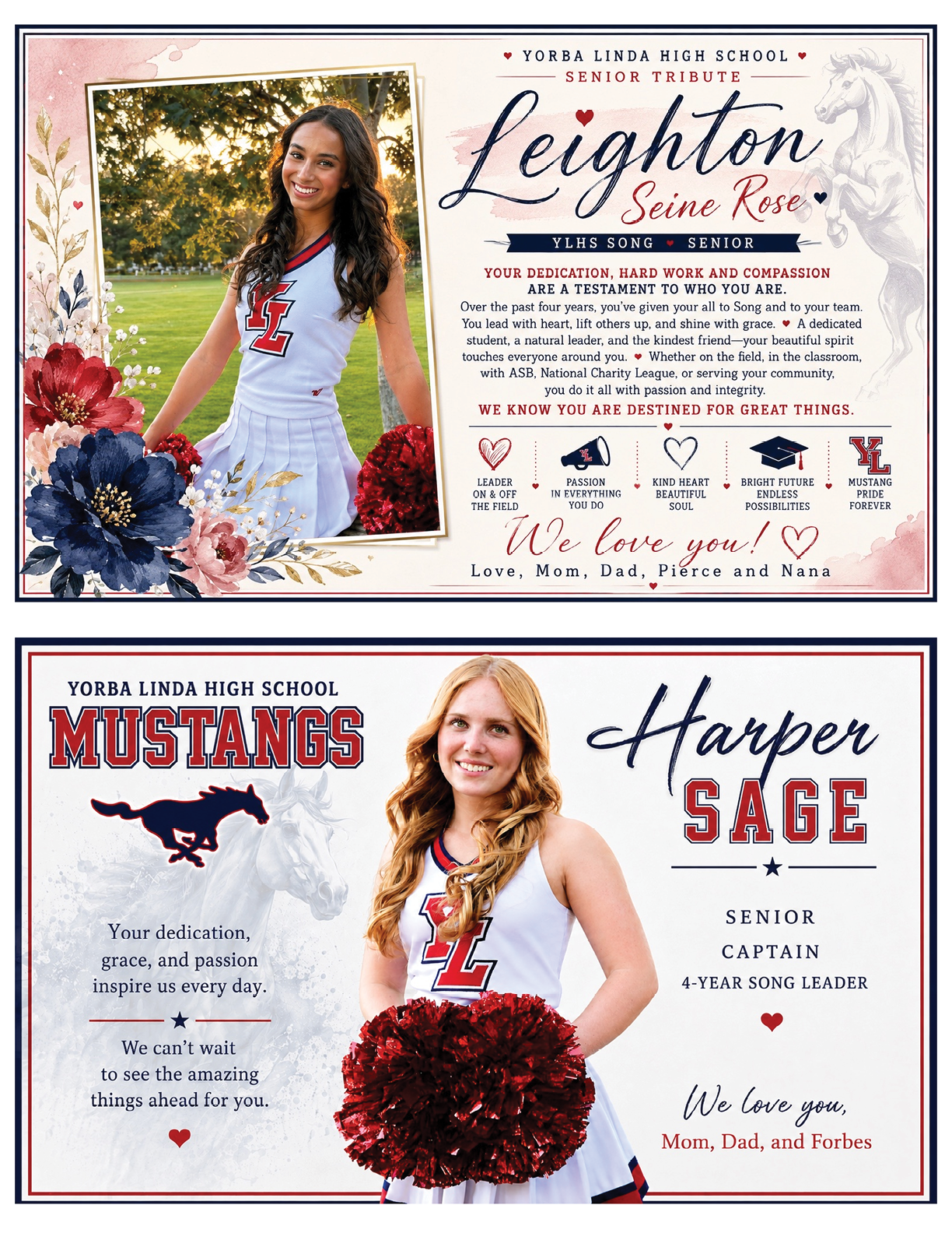 Two adults wearing cheerleading uniforms pose with pom-poms alongside personalized senior tribute and school spirit graphics for Yorba Linda High School Mustangs. Description generated by AI
