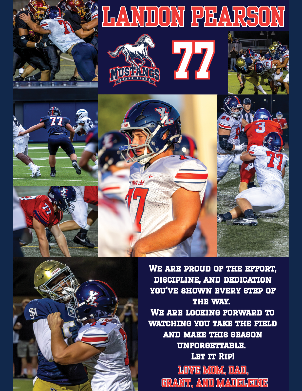 A collage of action shots and a close-up of a football player wearing a helmet and jersey number 77 with the name Landon Pearson and Mustangs logo, accompanied by a message praising effort, discipline, and dedication. Description generated by AI