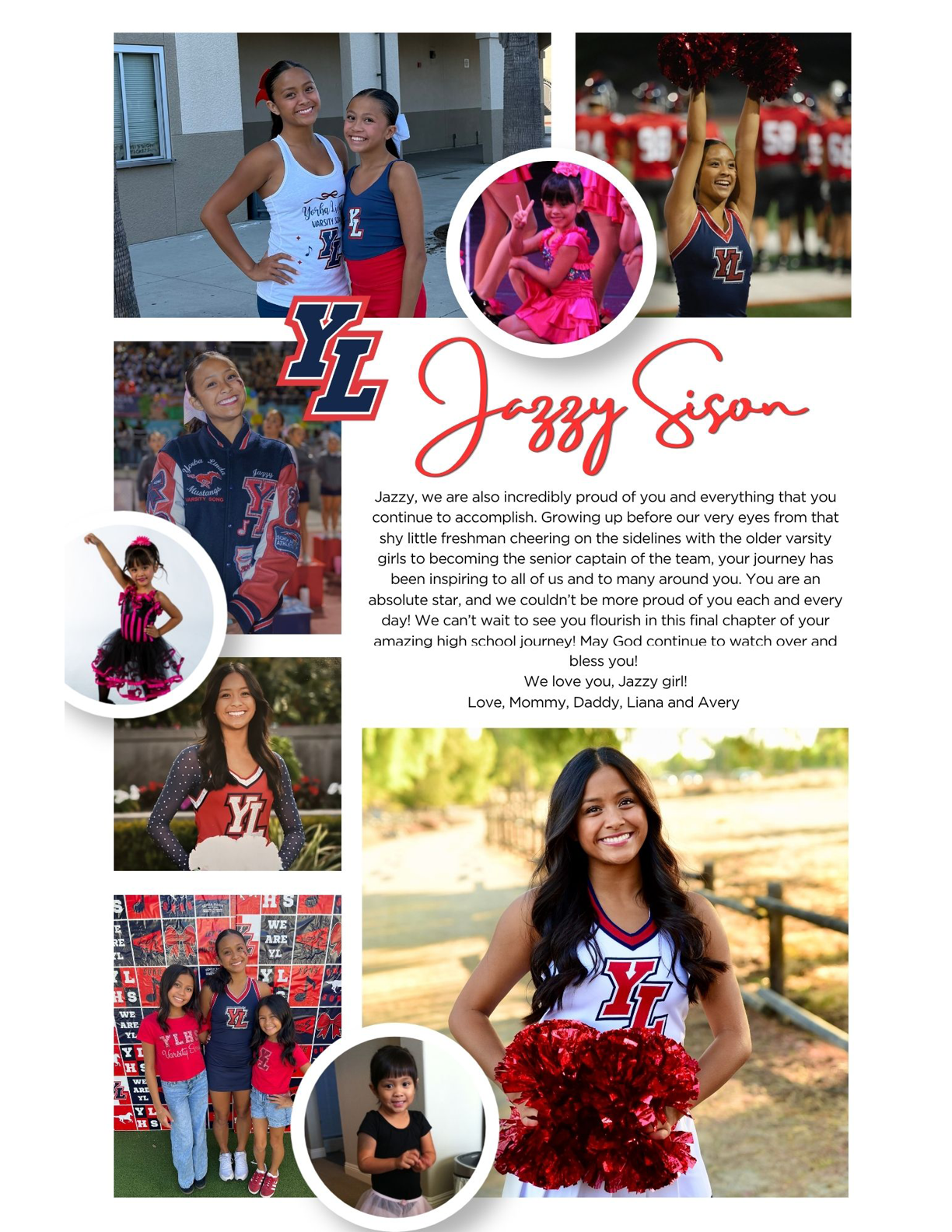 A collage of people in sports and cheerleading uniforms with a heartfelt message celebrating Jazzy Sison's achievements and journey in high school sports. Description generated by AI
