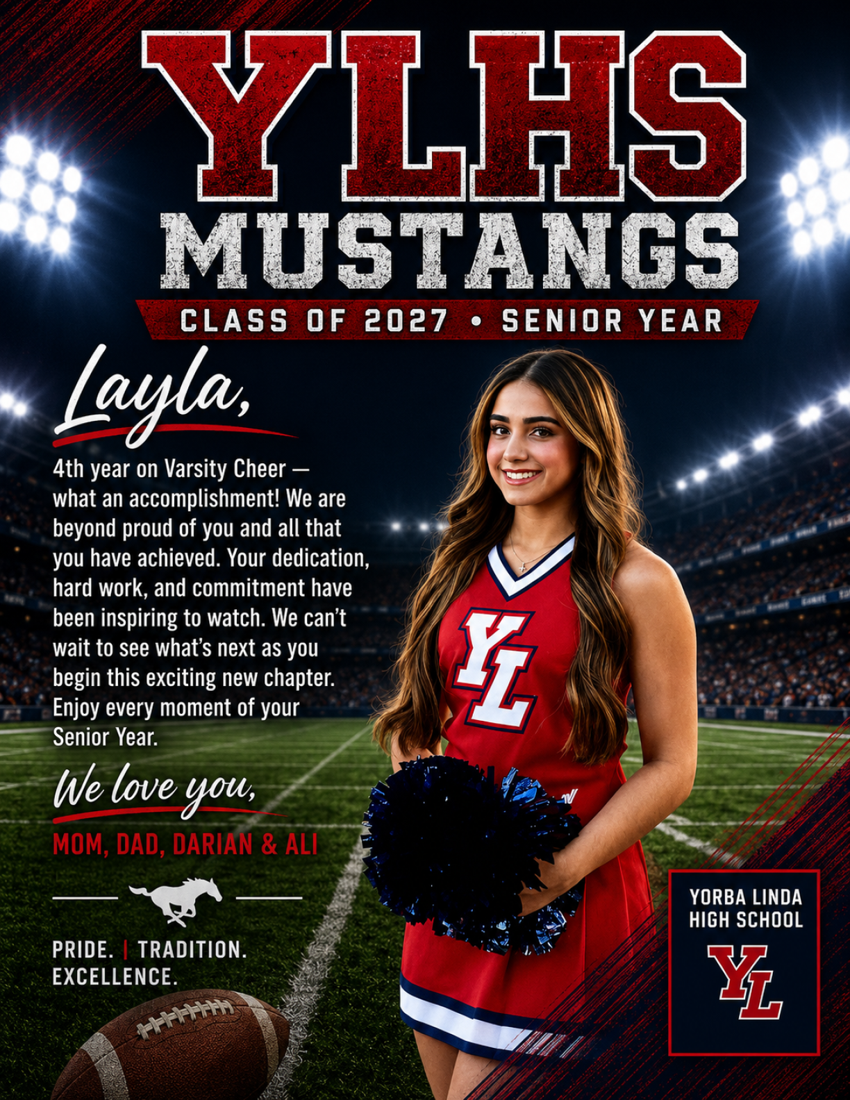A person with long wavy hair wearing a red and white cheerleading uniform holding blue pom-poms stands in a stadium with bright lights, accompanied by text celebrating Layla's fourth year on varsity cheer at Yorba Linda High School and expressing pride from family. Description generated by AI