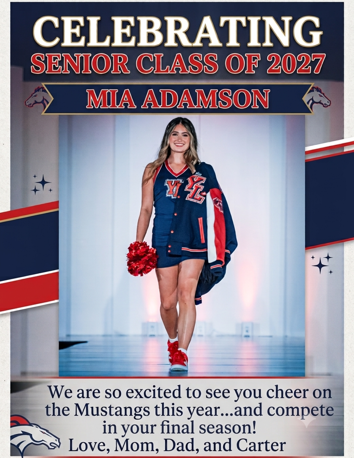 A person wearing a cheerleading outfit and holding pom-poms is walking confidently on a stage with text celebrating the senior class of 2027 and expressing excitement for cheering on the Mustangs. Description generated by AI